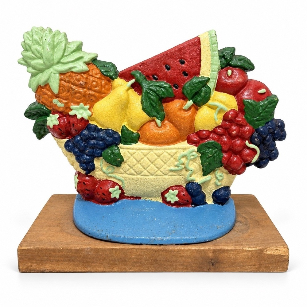 Vintage Cast Iron Fruit Basket Doorstop Painted Folk Art Wood Base Heavy 8"